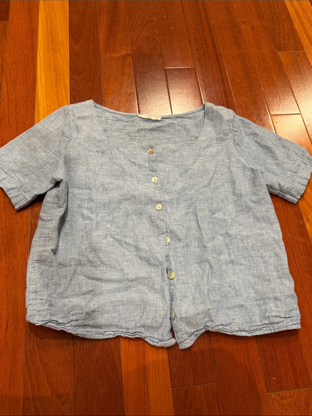 Mango Pale Blue Short Sleeve Button-Front Linen Top